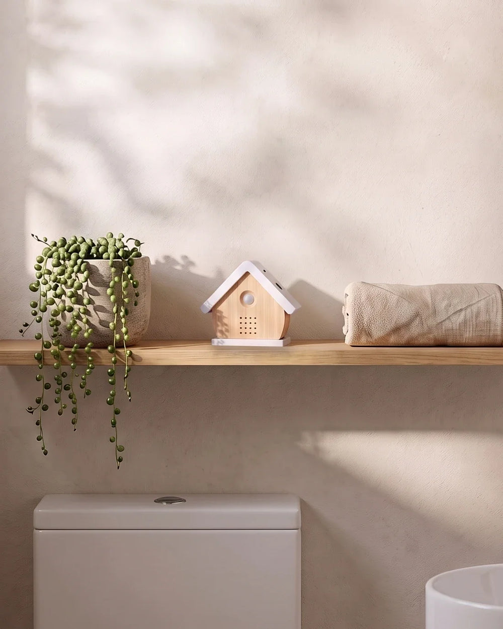 Het vogelhuisje in Berk op een eiken plank in een lichte wc, tussen een plant en een opgerolde handdoek