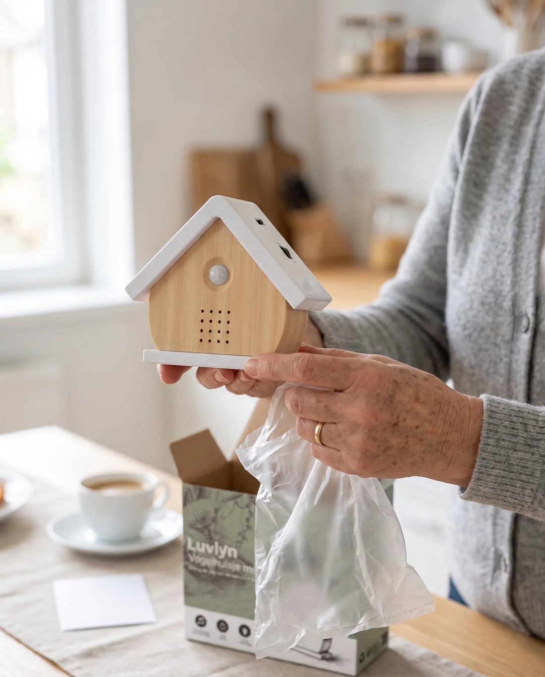 Oudere handen die het vogelhuisje uit de doorzichtige zak halen, met de open cadeaudoos op tafel