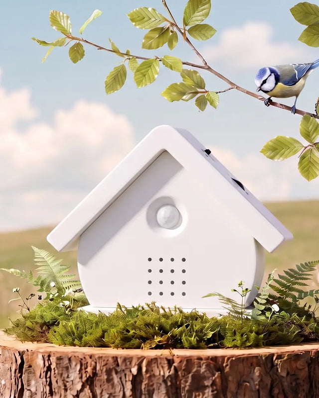 Het vogelhuisje in Wolk op een bemoste boomstronk aan de rand van een weide, onder een lucht met witte wolken
