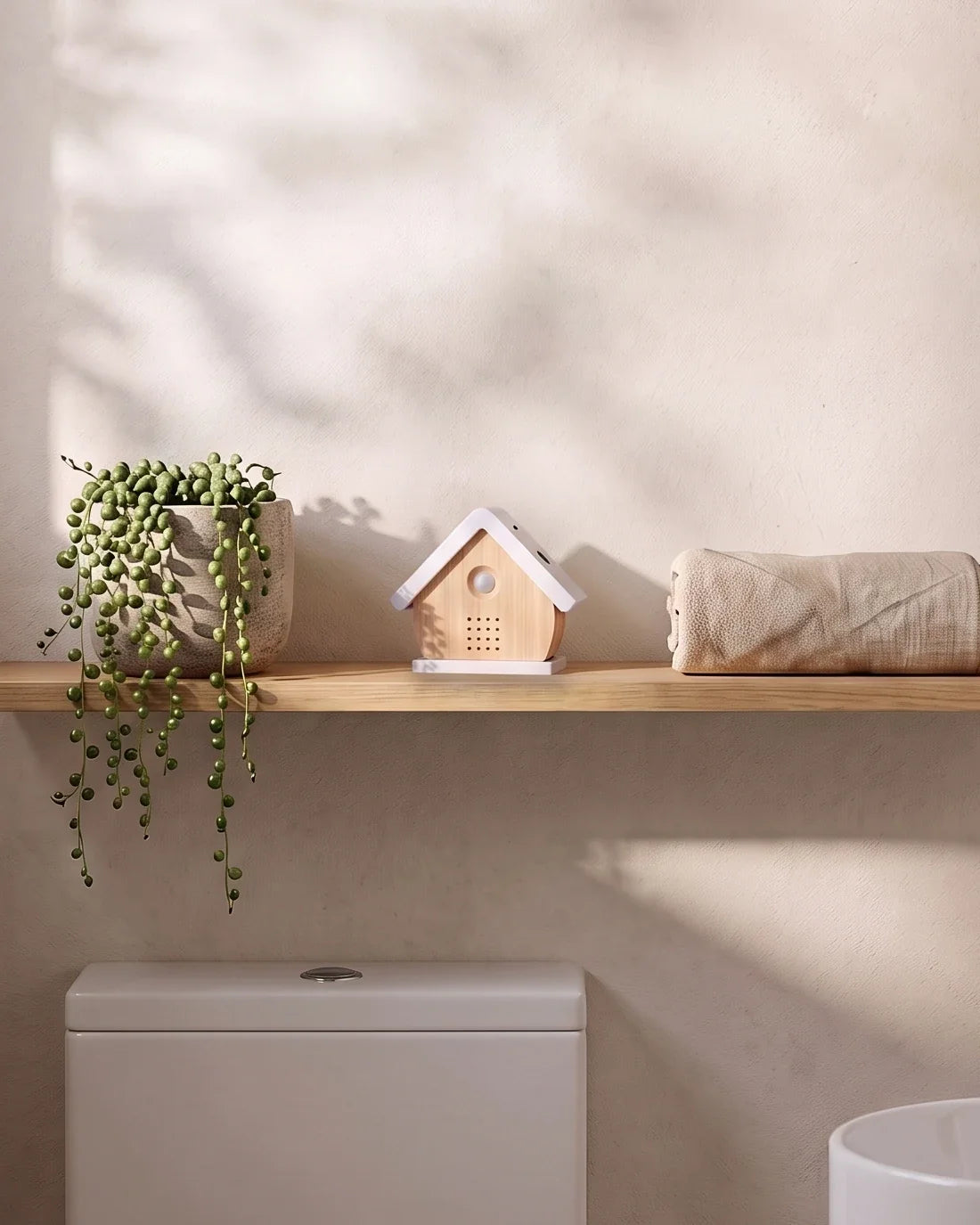 Het vogelhuisje in Berk op een eiken plank in een lichte wc, tussen een plant en een opgerolde handdoek
