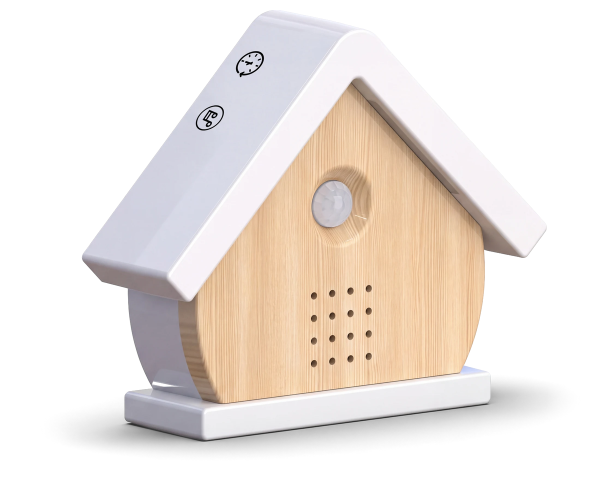 Het dak van het vogelhuisje in Berk, met de klok en de noot