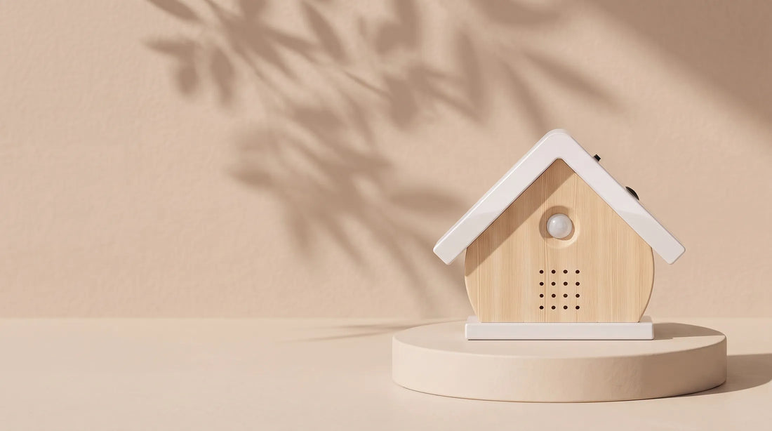Het vogelhuisje met geluid in Berk op een ronde sokkel