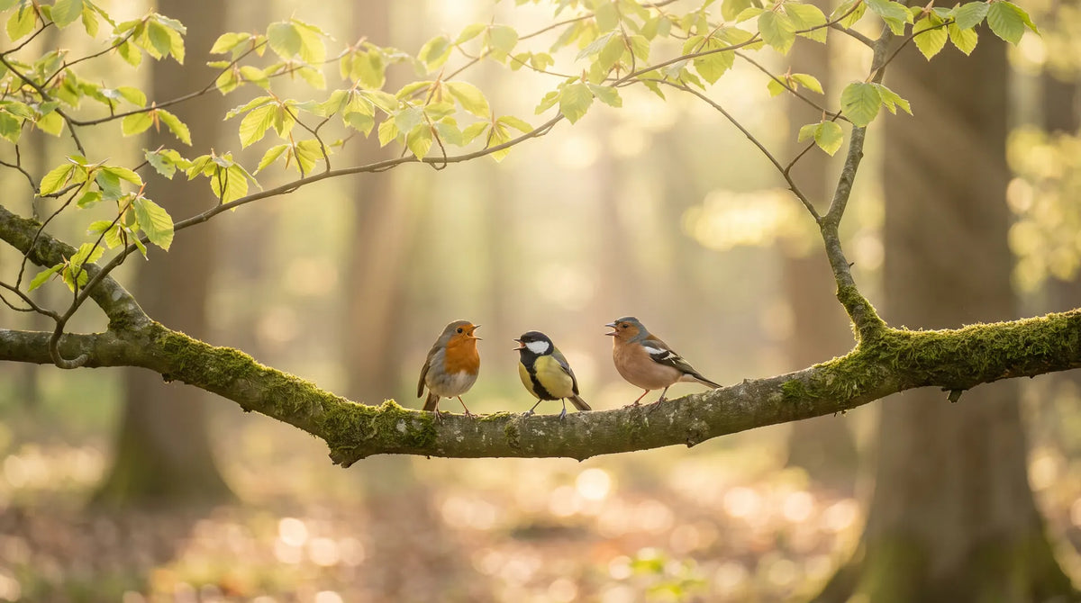 Drie zangvogels op een bemoste tak in een zonnig beukenbos