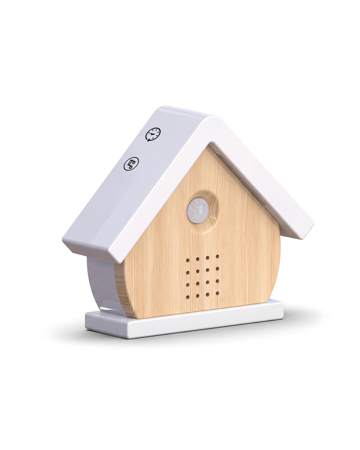 Het vogelhuisje in Berk schuin van links, met de klok en de muzieknoot op het dak