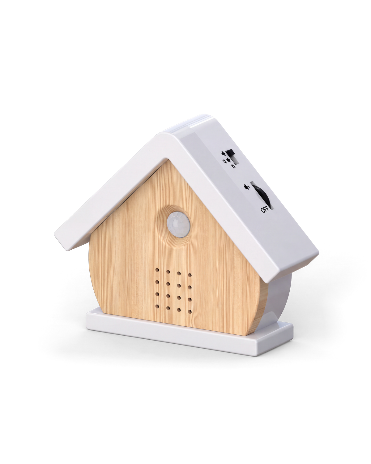 Het vogelhuisje in Berk schuin van rechts, met het schuifje en het volumewieltje