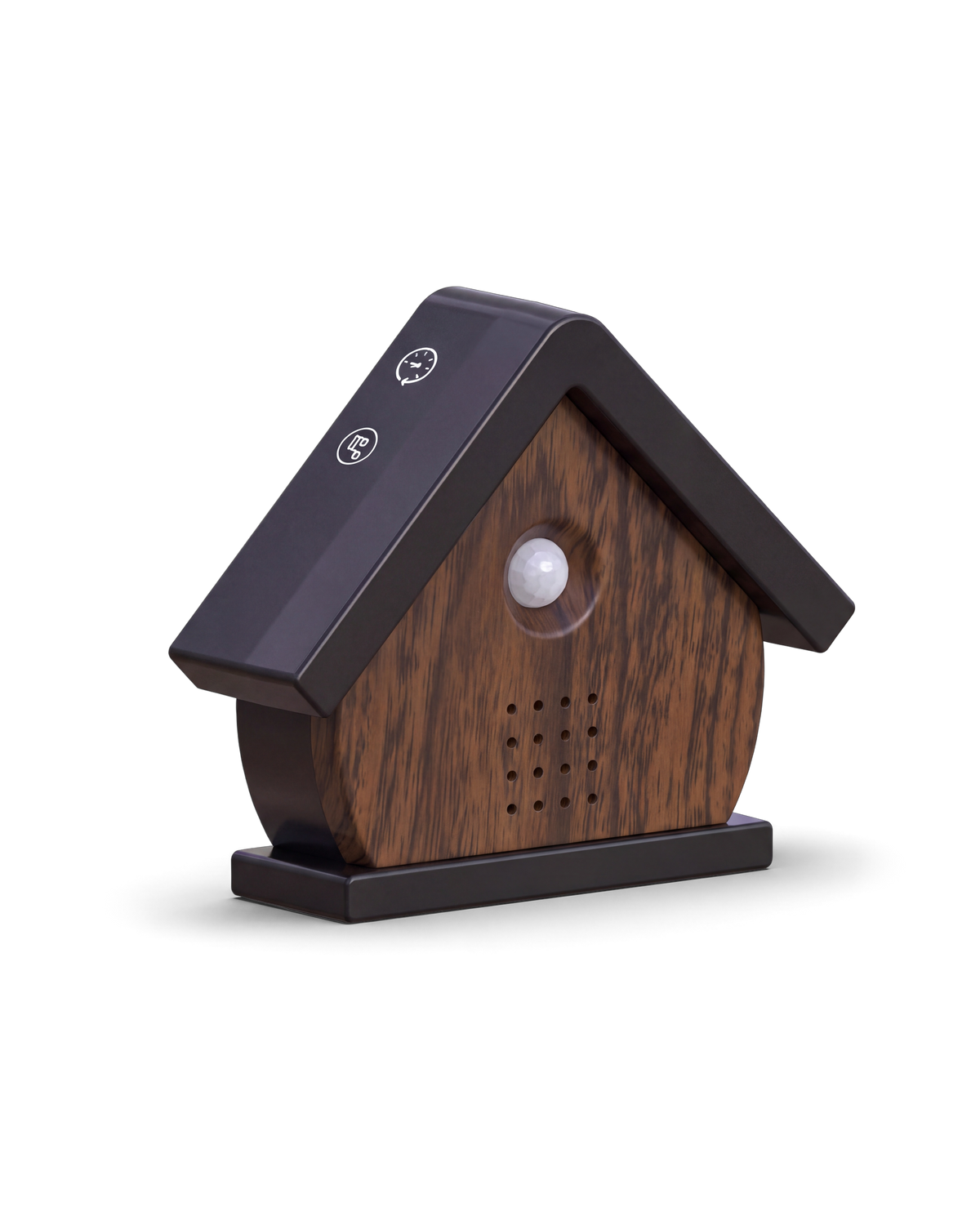Het vogelhuisje in Walnoot schuin van links, met de klok en de muzieknoot op het dak