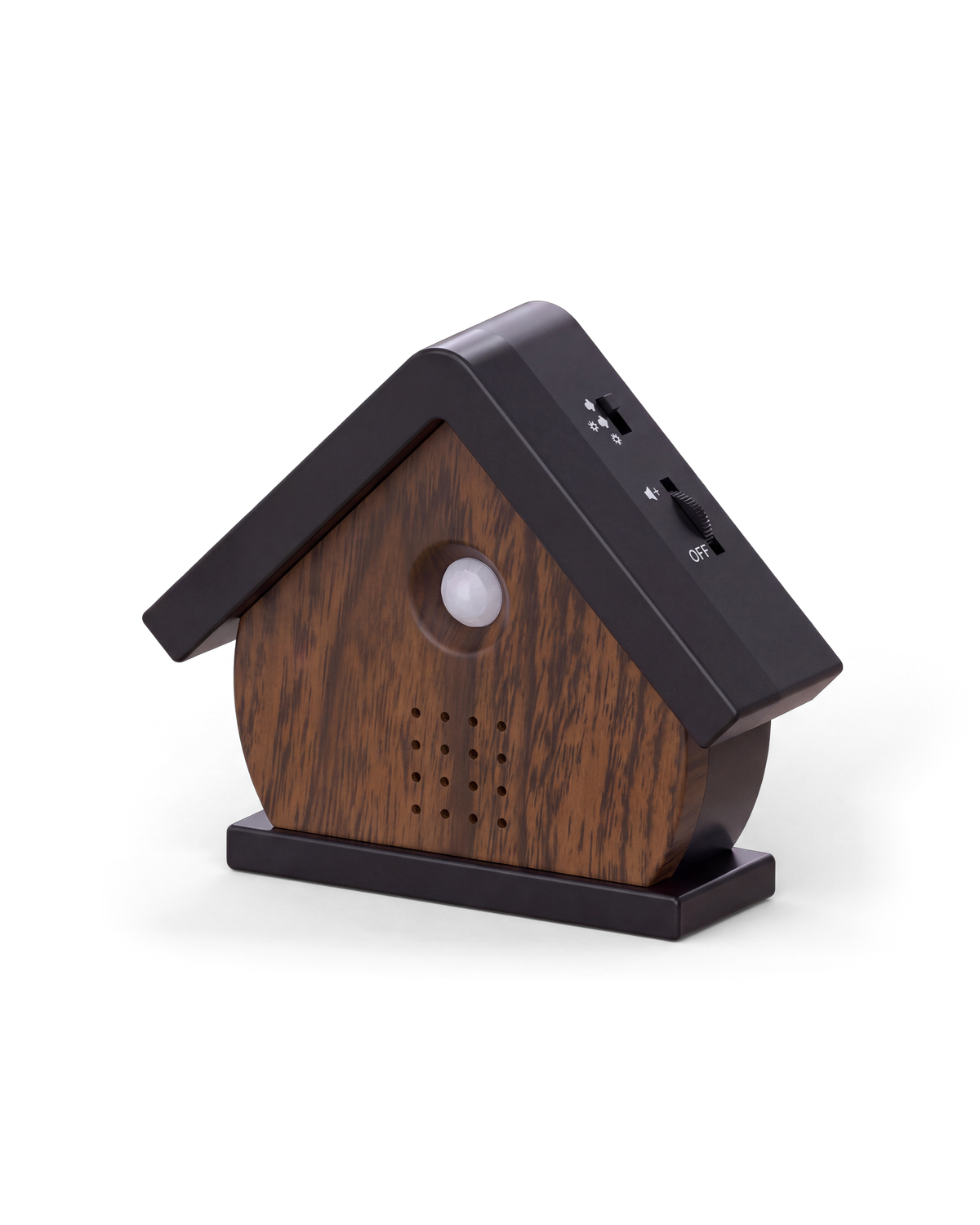 Het vogelhuisje in Walnoot schuin van rechts, met het schuifje en het volumewieltje