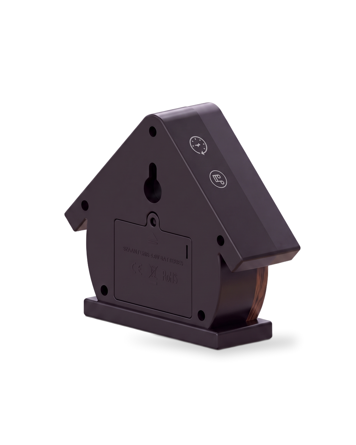 Achterkant van het vogelhuisje in Walnoot met het sleutelgat om op te hangen en het batterijklepje