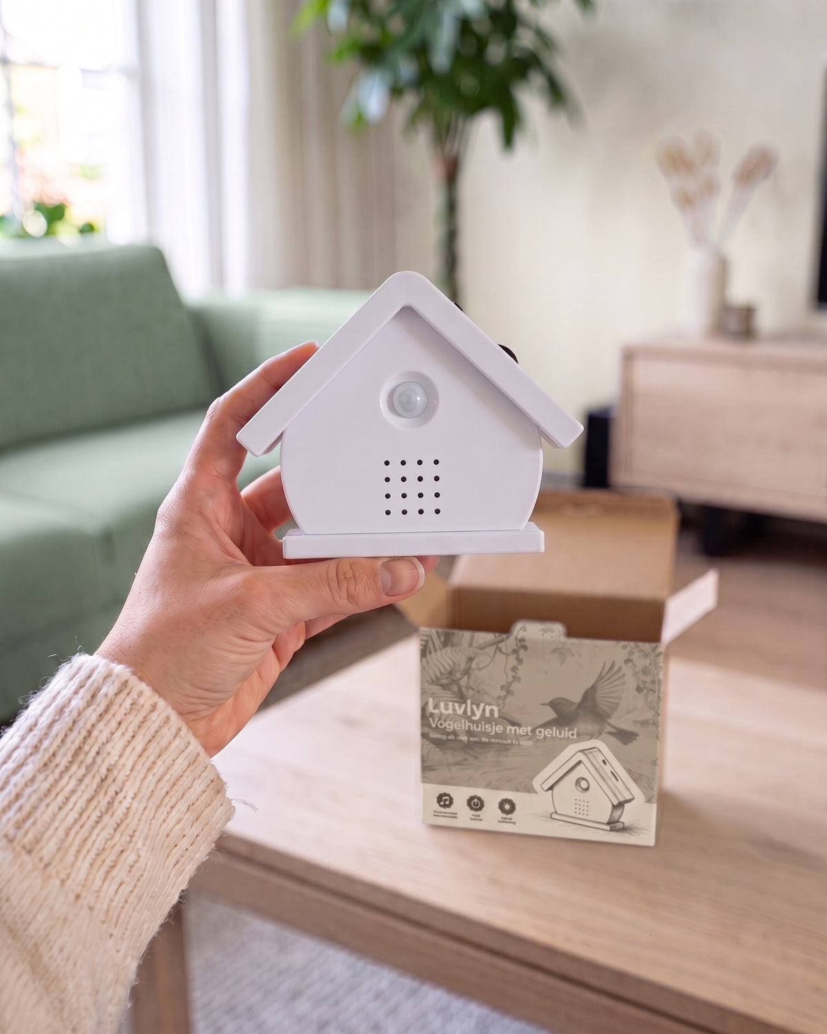 Het vogelhuisje in Wolk net uitgepakt, in de hand, met de open doos op tafel