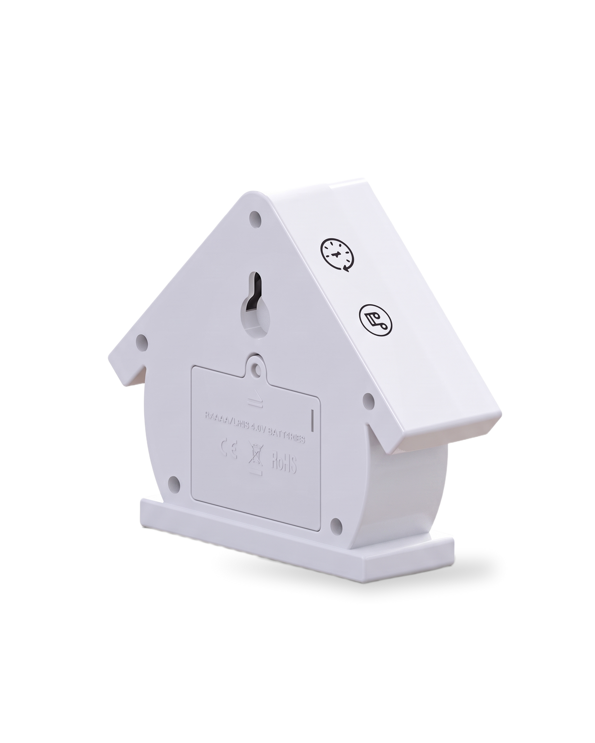 Achterkant van het vogelhuisje in Wolk met het sleutelgat om op te hangen en het batterijklepje