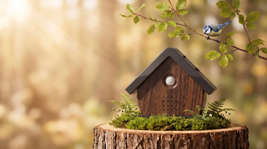 Het vogelhuisje in Walnoot op een bemoste boomstronk in het bos, een pimpelmees op een beukentak erboven