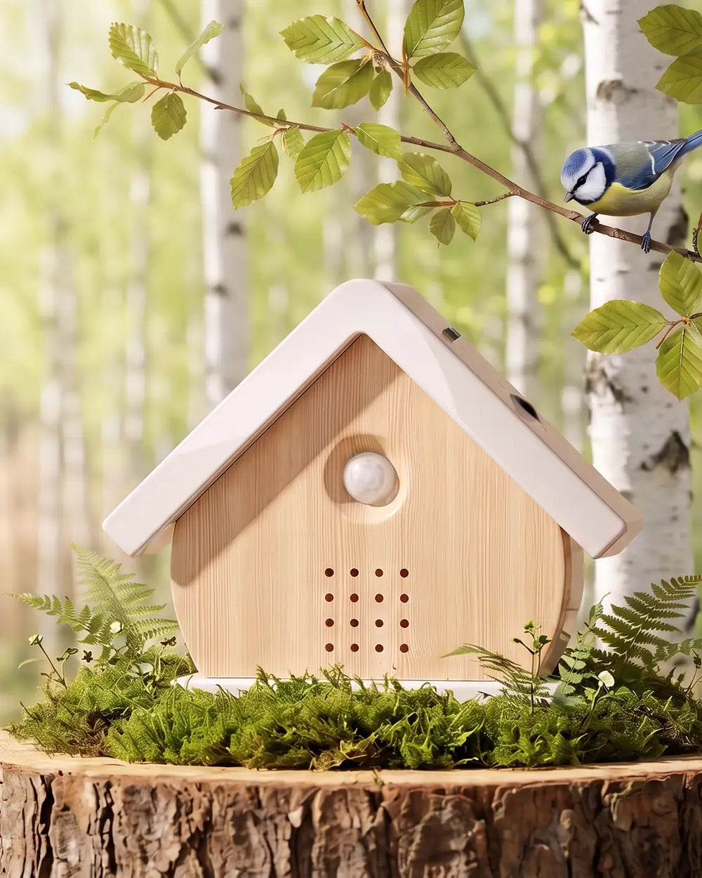 Het vogelhuisje in Berk op een bemoste boomstronk in een berkenbos in het voorjaar