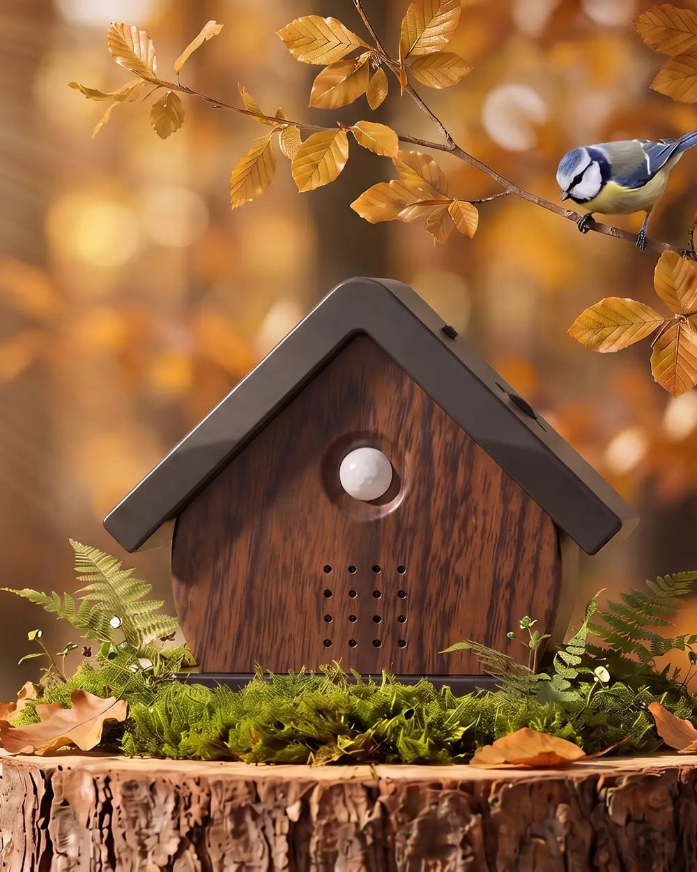 Het vogelhuisje in Walnoot op een bemoste boomstronk in een herfstbos, tussen gevallen bladeren