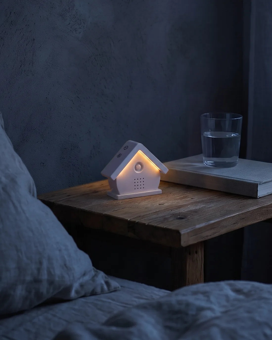 Het vogelhuisje in Wolk op een nachtkastje naast het bed, met het zachte licht aan