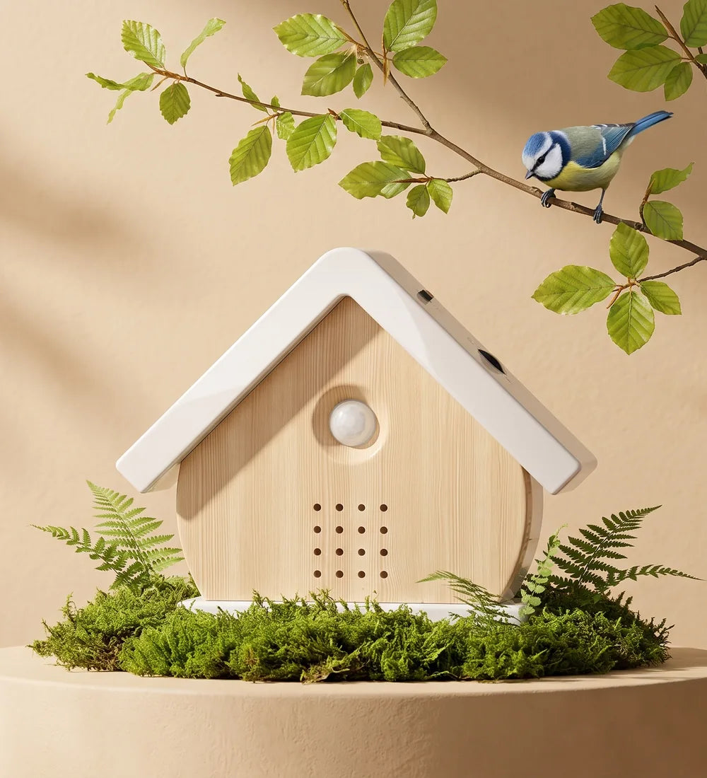 Het vogelhuisje in Berk op een sokkel met mos