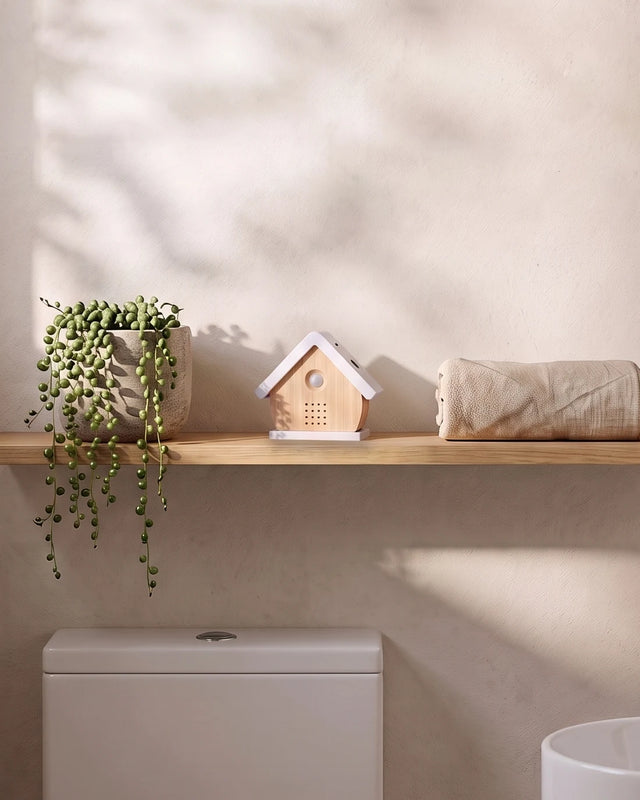 Het vogelhuisje in Berk op een eiken plank in een lichte wc, tussen een plant en een opgerolde handdoek