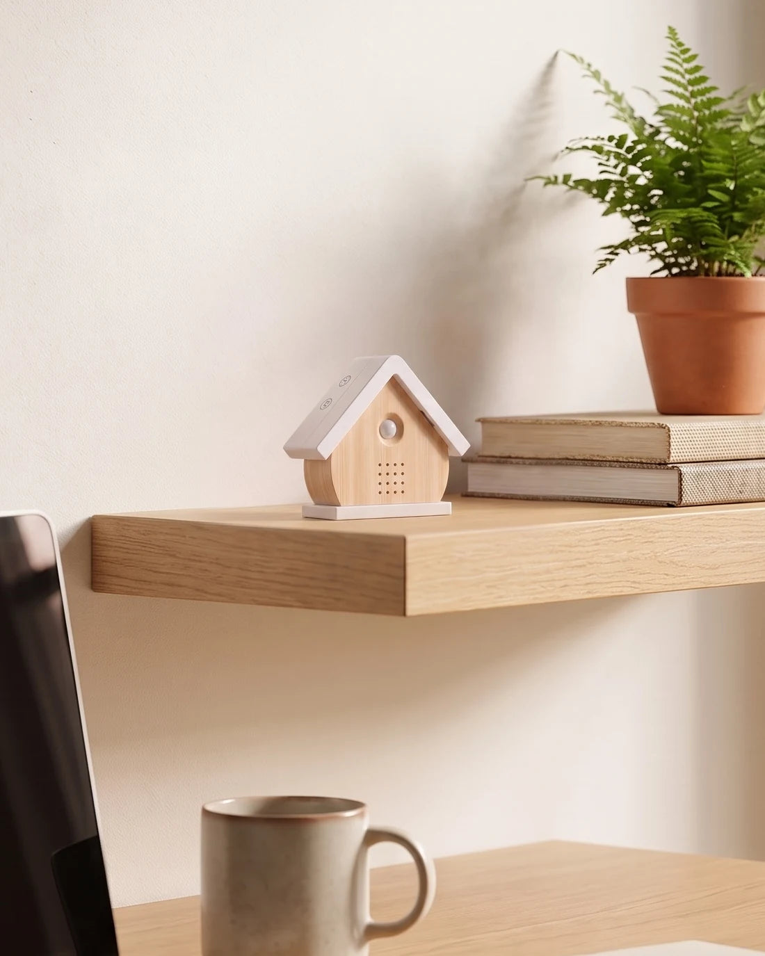 Het vogelhuisje in Berk op een plank boven een bureau met een laptop, naast een varen